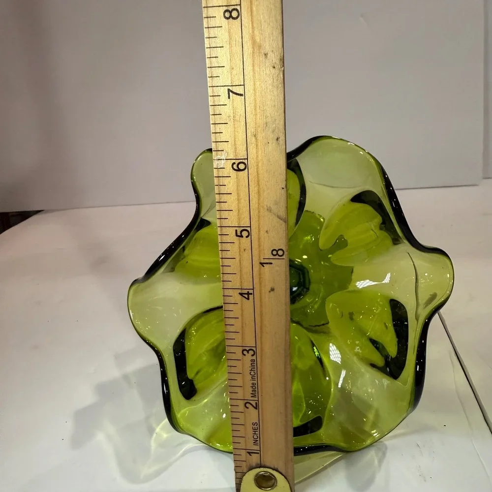 Vintage Avocado Green Glass Compote Bowl MCM GrandmaCore Pedestal L.E. Smith
